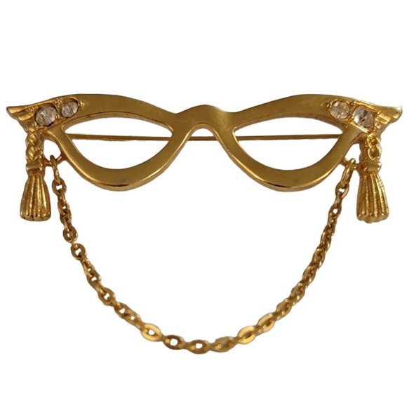 Avon Gold Tone Cat Eye Glasses Clear Rhinestones Lenses Brooch Pin, Signed K947 - Picture 7 of 7